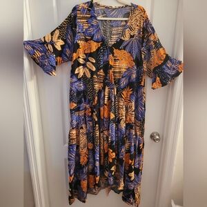 Loralette Blue and Orange Ruffled Wrap Maxi Dress